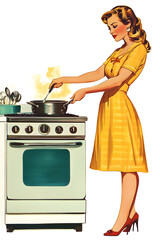 Wall Mural - Young woman wearing apron cooking on kitchen vintage illustration isolated on a white background