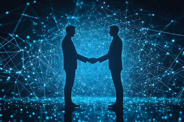 An abstract digital background featuring two men shaking hands