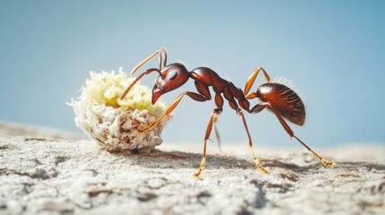 Poster - A macro view of an ant carrying a piece of food back to its nest, showcasing its strength and determination.