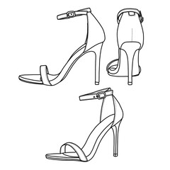 Women's Heeled Sandals Classic Open Toe Stiletto High Heels Line Art, Technical sketch hand drawing outline vector doodle illustration, various view isolated on white background