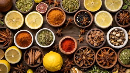 Fresh organic Mediterranean spices, herbs and lemons on a wooden board, a healthy food concept