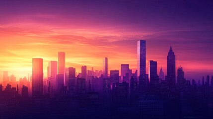 Canvas Print - A panoramic view of a city skyline at twilight, with high-rise buildings against a backdrop of deepening purple and orange hues.