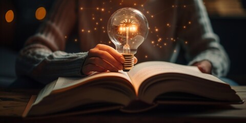 Poster - Experiencing a moment of insight and creativity while studying with an open book, symbolizing innovative learning. Keywords inspiration, knowledge acquisition, brainstorming, education, brilliance