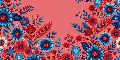 Wall Mural - Vibrant red and blue floral pattern on pink background, floral, vibrant, red, blue, pattern, pink, background, colorful