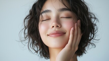 An Asian woman with short, wavy hair, gently touching her cheek with a relaxed smile and closed eyes. The light grey background emphasizes the peaceful and content expression on her face, highlighting