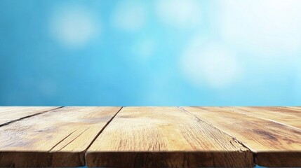 Sticker - Wooden Tabletop with Blurred Blue Background