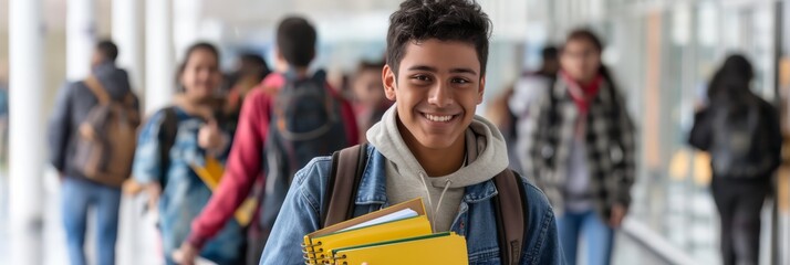 Poster - In a bustling school hallway, a diverse crowd of teenagers is immersed in academic tasks, exuding positivity. Their energetic and lively interactions contribute to a dynamic educational setting