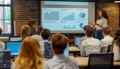 Poster - Business professionals in a corporate setting conducting a presentation in an office meeting room, analyzing data with the help of charts and graphs. The team is dressed professionally