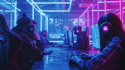 Poster - A group of people are playing video games in a brightly lit room