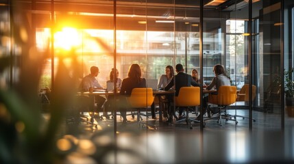 Poster - A professional business meeting in a modern office, with colleagues discussing strategies around a conference table.