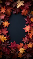 Wall Mural - Beautiful autumn frame with colorful leaves on dark background for seasonal decoration or fall celebration template