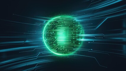 Poster - Abstract digital design featuring a green light spot in motion against a blue backdrop representing technology themes