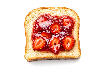 Slice of bread with strawberry jam top view isolated on white background