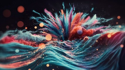 Poster - Colorful Abstract Particles and Waves with Bokeh Effect  3D Rendering