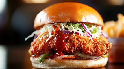 Canvas Print - Crispy Fried Chicken Burger with Red Sauce and Coleslaw