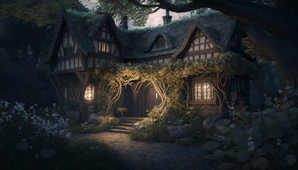 Cottage overgrown with ancient trees. Surreal mystical fantasy artwork