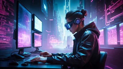 Wall Mural - A cyberpunk hacker in a virtual reality setting