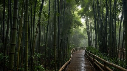  A bamboo forest after rain, droplets hanging from the leaves, the path slick, and the air filled with a fresh scent.