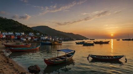 Wall Mural - A fishing village at dusk with boats docked at the pier, the sea painted red by the setting sun, and villagers busy on the shore.