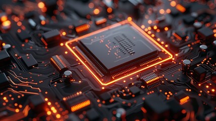 Poster - Closeup of a glowing CPU on a circuit board.