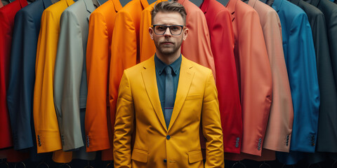 Consumer buying choices. A man choosing which colour suit jacket to buy