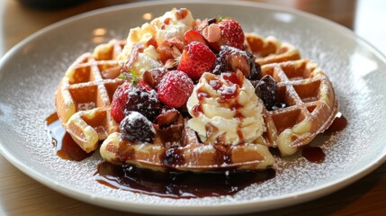 Wall Mural - Delicious Waffle with Whipped Cream and Strawberries