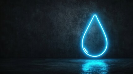 A glowing neon blue outline of a water droplet, dark background, minimalist symbol of hydration from tap water