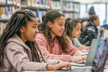 Aufkleber - In a school library, students collaborate using laptops for digital learning to achieve academic success. Modern approach involves teamwork, peer learning, and an engaged community
