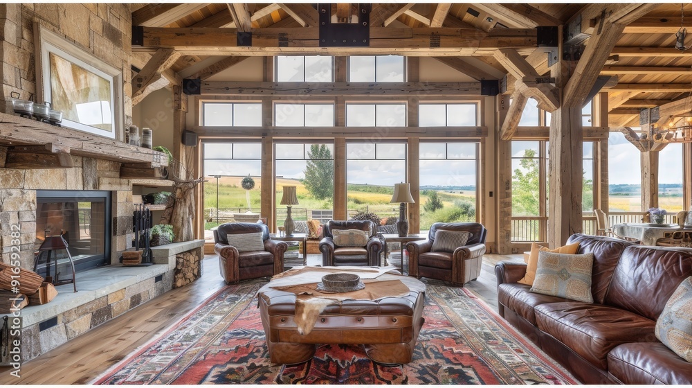 Picture a rustic living room with exposed wooden beams, a stone ...