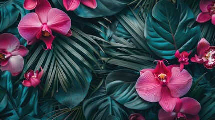 Wall Mural - Exotic palm leaves and vibrant orchids forming a creative seasonal background. Natural floral trend, top view.