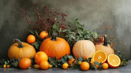 Wall Mural - Autumn Harvest Still Life with Pumpkins and Oranges