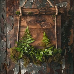 Sticker - Wooden banner adorned with fern and moss on a nature-themed backdrop. 