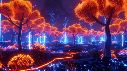  a futuristic 3D abstract  where digital forests with neon trees and pixelated undergrowth in vibrant hues of neon orange and cosmic cobalt.