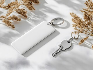 Minimalist white keychain mockup displayed flat with a clean, neutral background