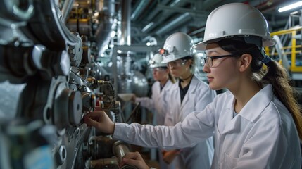 Poster - a team of female engineers inspecting the inner workings of a cruise ship breaking stereotypes and p
