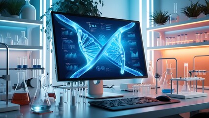 High-tech, futuristic laboratory scene featuring a central computer monitor displaying a glowing blue DNA double helix with various data points and graphs (16)