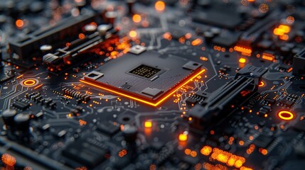 Poster - Close-up of a Computer Motherboard with Glowing CPU