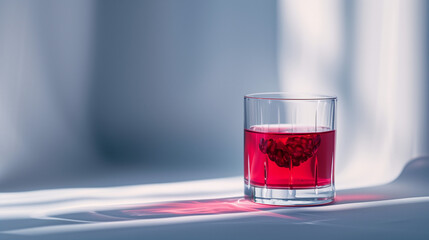 Wall Mural - Fresh pomegranate juice, a side view of a glass filled with fresh pomegranate juice, the deep red color vibrant against a clean white background 