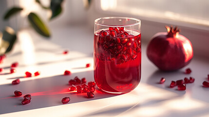 Fresh and healthy pomegranate juice a crystal-clear glass filled with fresh pomegranate juice, the vibrant red liquid contrasting against a clean white background