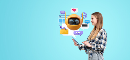 Poster - Woman using tablet, robot with social media icons. Copy space