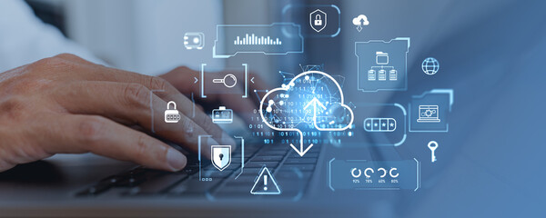 Poster - Man hands typing in laptop, glowing cloud, data storage and security