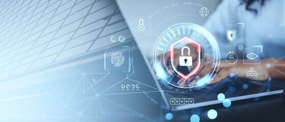 Poster - Woman using laptop, digital cybersecurity with statistics and business data