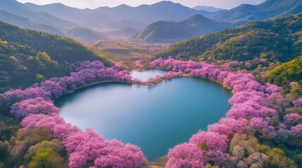 Wall Mural - Heart-Shaped Lake Surrounded by Cherry Blossoms