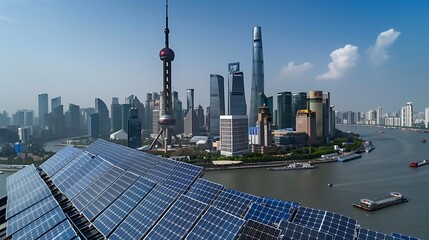 Poster - Shanghai Skyline with Solar Panels and the Huangpu River