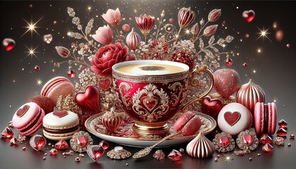 A stylish wall poster with coffee in a stylish coffee cup decorated with red jewels and decorated with red beads, pearls and macarons.