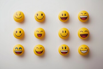 Wall Mural - Wall of Many Happy Smiley Faces Set Orange Yellow on Blank White Generative Illustration