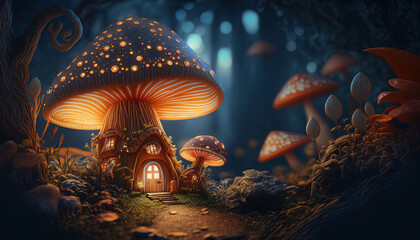 Wall Mural - Mushroom house in the Enchanted Woods. Surreal mystical fantasy artwork