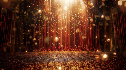 red stage and curtain in theater background with bright lights and falling gold confetti