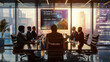 © Swaroop - A formal business meeting in a sleek boardroom with a diverse group of executives discussing strategy, laptops open, and a large window offering cityscape views.'