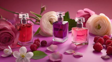 Three small perfume bottles on a jasmine and raspberry scene, on a rose background.